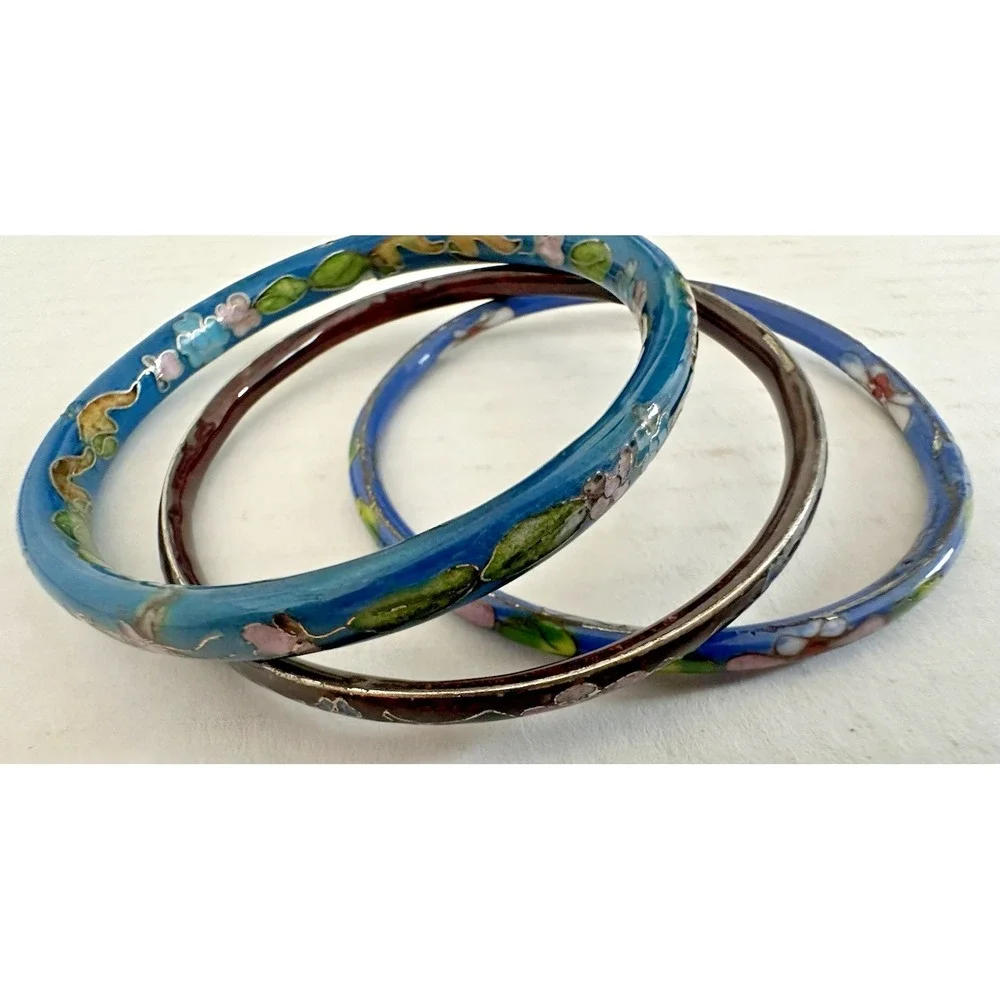 Cloisonne Bangle Bracelet Blue Aqua Floral Pink Metal Set of 3